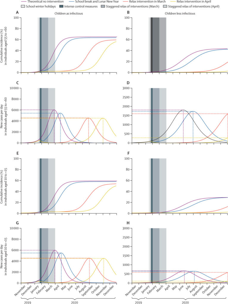 Эффект влияния различных стратегий ограничения контактов на параметры протекания пандемии. График фиолетового цвета — теоретическое отсутствие ограничительных мер, желтого — для сценария, в котором карантинные меры ослабляют в апреле, красного — для снятия ограничительных мер в марте, голубого — для сценария, в котором ограничение социальных контактов происходит лишь во время школьных каникул и празднования Китайского Нового Года.Верхний ряд (A, B) — рост общего количества случаев заражения в возрастной группе 55— 60 лет, второй ряд (B, C) — ежедневное количество новых случаев заражения в возрастной группе 55 — 60 лет. Третий и четвертый ряд — аналогичные показатели для возрастной группы 10 — 15 лет. В левой колонке показаны расчеты для более низкой контагиозности детей носителей, в правой — для более высокой контагиозности / © Prem, Liu, Russell et al., The Lancet, 2020