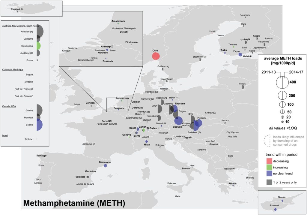  Средний нормализованный уровень метамфетамина в сточных водах европейских городов /© González‐Mariño, Baz‐Lomba et al., Addictions, 2019. 