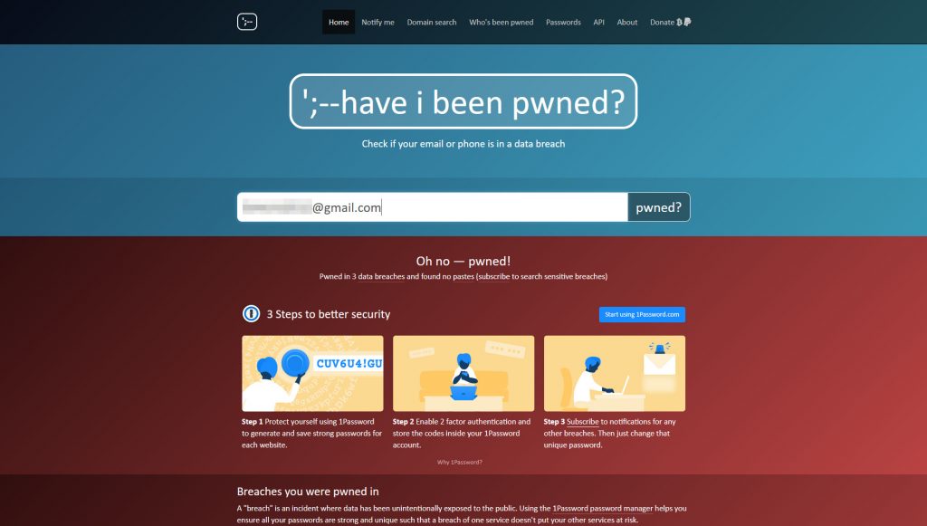 После нажатия на кнопку «pwned?» система выдаст зеленый сигнал (все ок) либо, как в нашем случае — красный, данные есть в утечках / ©haveibeenpwned, Naked Science