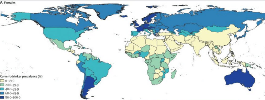 Карта употребления алкоголя среди женщин по странам мира / ©GBD 2016 Alcohol Collaborators