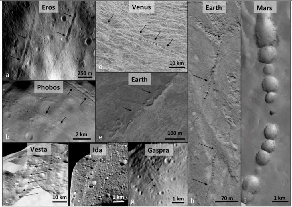 Цепочки рытвин на разных телах Солнечной системы / ©Emily Martin et al.