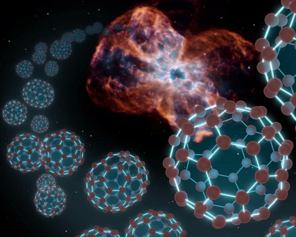 Формирующиеся в газопылевой туманности фуллерены. Художественное представление / © NASA, JPL-Caltech