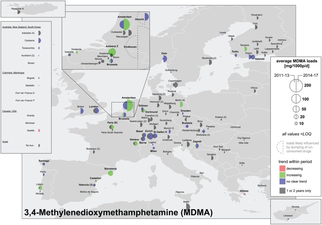  Средний нормализованный уровень МДМА (экстази) в сточных водах европейских городов /© González‐Mariño, Baz‐Lomba et al., Addictions, 2019. 