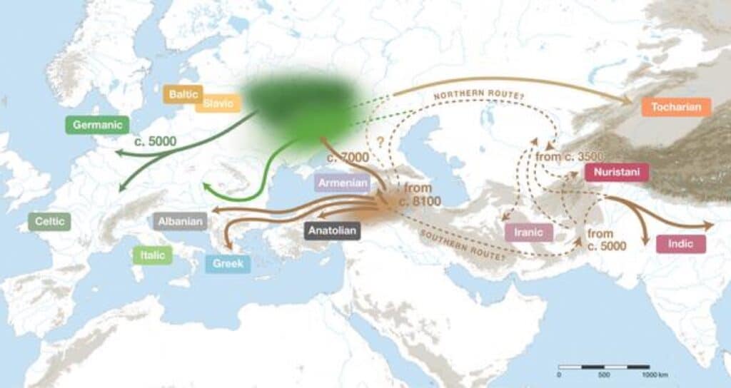 Индоевропейские языки начали расходиться около 8100 лет назад и достигли Центральной Европы примерно 5000 лет назад / ©Heggarty et al., 2023