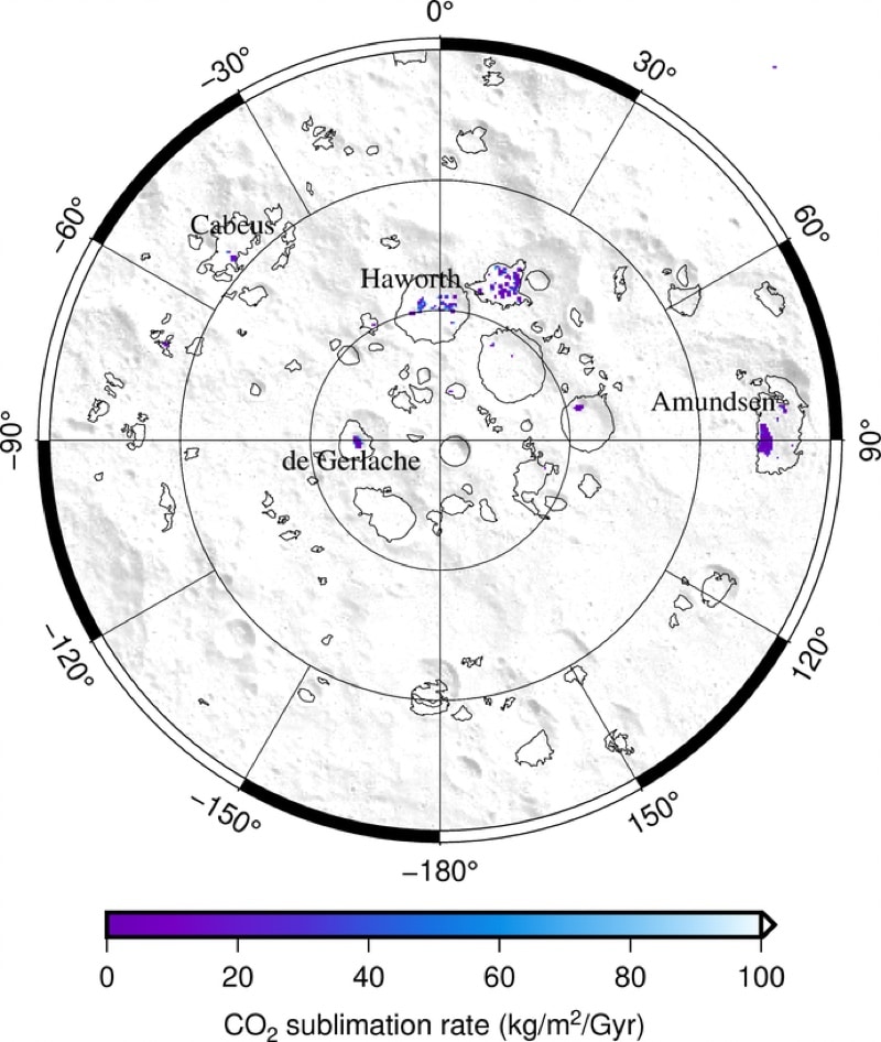 Фрагмент карты холодных ловушек на Южном полушарии Луны / © AGU, Geophysical Research Letters