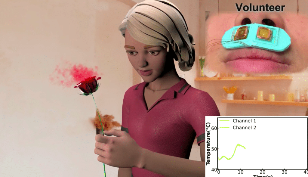 При помощи нового устройства в виде небольшой силиконовой пластины можно понюхать виртуальную розу / © NPG Press