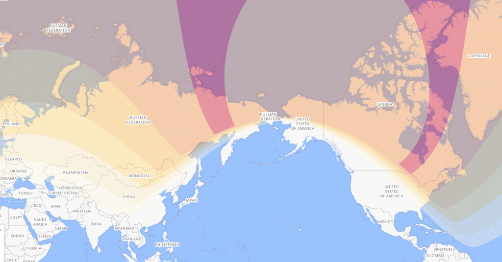 Максимальное видимое перекрытие Солнца Луной в разных регионах (без привязки ко времени). Полное затмение смогут наблюдать только жители нескольких восточных провинций Канады и обитатели Якутии. Но если не стремиться к перфекционизму, удовольствие получат и остальные Россияне (кроме самых южных частей страны) / ©TimeAndDate.com