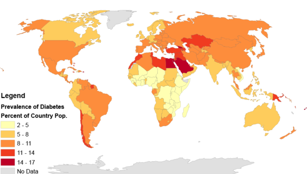 Частота диабета в разных странах различается, при этом страны-лидеры по избыточному весу населения далеко не всегда показывают самую высокую частоту диабета. Причины этого пока не известны / ©Wikimedia Commons
