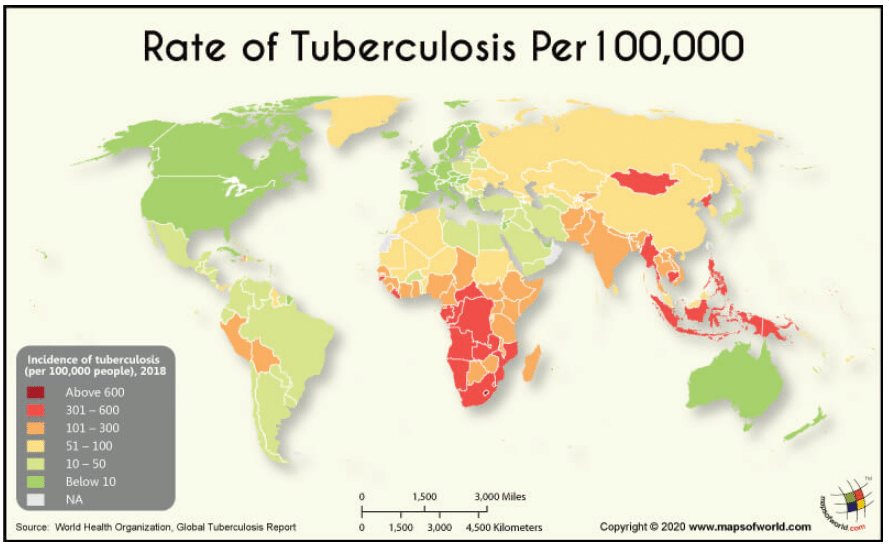 Распространенность туберкулеза по странам мира. Легко видеть, что мусульманские Бангладеш и Индонезия в подушевых лидерах, равно как и бедные страны Африки / ©MapoftheWorld
