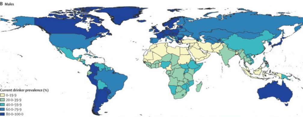Карта употребления алкоголя среди мужчин по странам мира / ©GBD 2016 Alcohol Collaborators