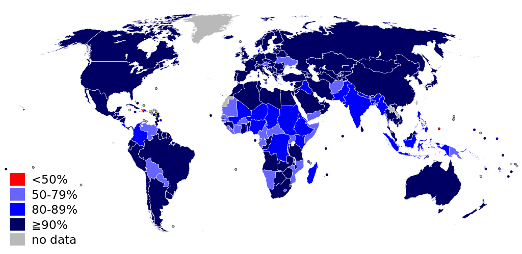 Распределение стран по доле вакцинированных от кори, данные ВОЗ за 2010 год / ©Wikimedia Commons