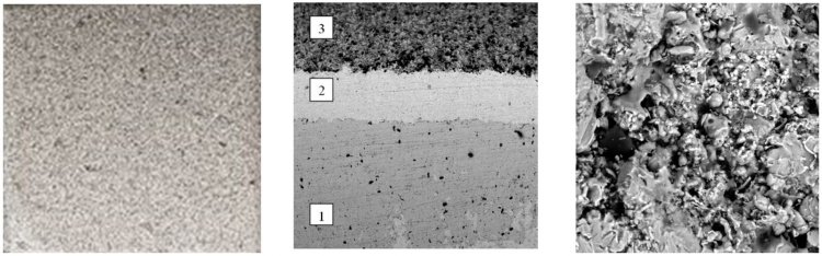 Рисунок 2 - Плазменное покрытие, полученное из порошкового материала на основе диоксида циркония, плакированного никелем: а – вид поверхности покрытия, б – поперечное сечение покрытия (1 – основной материал, 2 – подслой, 3 – покрытие), в – микроструктура покрытия. Источник: ИПМ РАН