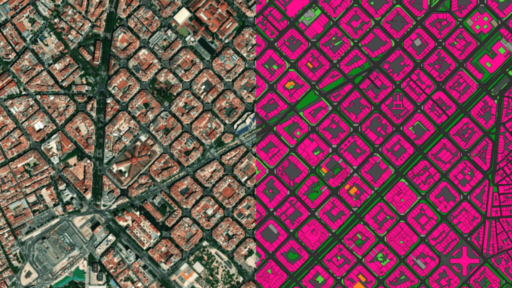 Для градостроительной отрасли нейросети стали незаменимым инструментом. Представьте себе, сколько работы инженеров и картографов экономит ИИ, который создает векторные схемы жилой застройки с прилегающими территориями на основе аэрофотосъемки или спутниковых снимков. В левой части изображения — фото, в правой — готовая карта с цветовым кодированием площадей (дома, дороги, коммуникации, растительность, газоны) / ©Ecopia