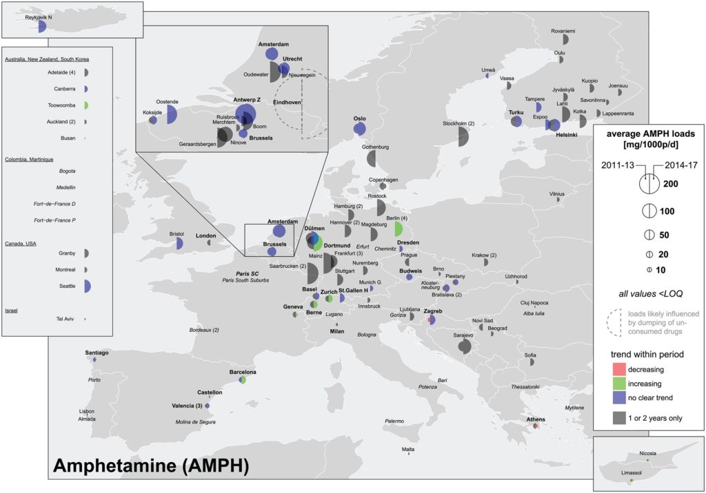  Средний нормализованный уровень амфетамина в сточных водах европейских городов /© González‐Mariño, Baz‐Lomba et al., Addictions, 2019. 