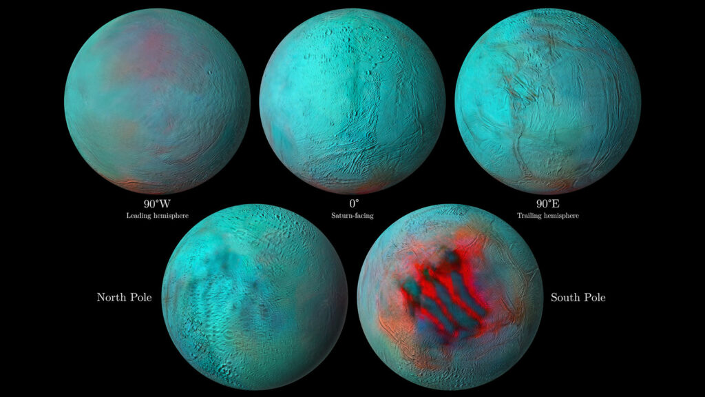 На новом ИК-изображении Энцелада отложения свежего льда показаны оттенками красного / ©NASA, JPL-Caltech, University of Arizona, LPG, CNRS, University of Nantes, SSI