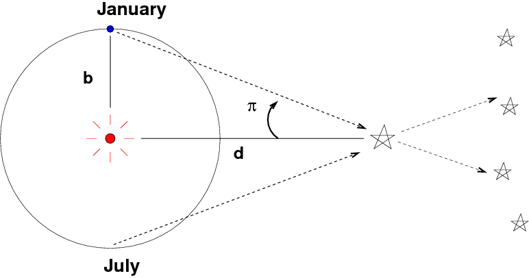 Схема, иллюстрирующая параллакс звезды при наблюдении с разных точек земной орбиты / © Michael Richmond