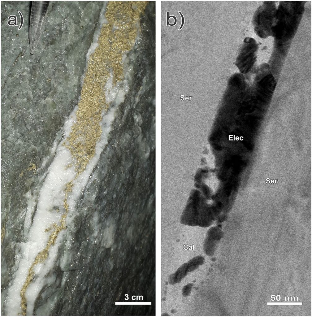 Сравнение золотой жилы электрума в калците с кварцем (слева, макрофотография) с микроскопической «веной», в которой частицы благородного металла сформировали «тромб» (справа, изображение получено просвечивающим электронным микроскопом) / ©McLeish et al., PNAS, 2021, https://doi.org/10.1073/pnas.2100689118