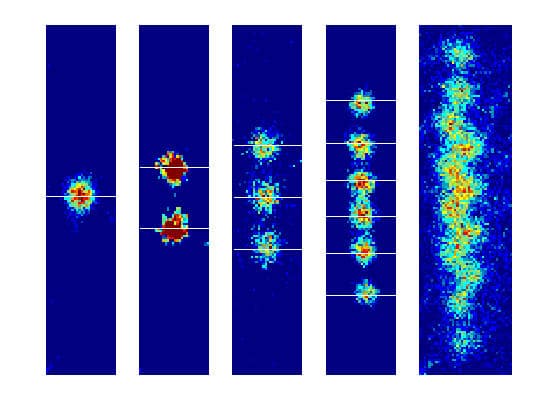 Изображения 1, 2, 3, 6 и 12 ионов магния, загруженных в новую планарную ионную ловушку NIST. Красным цветом обозначены области максимальной флуоресценции (центры ионов). Чем больше ионов загружается в ловушку, тем они сильнее сближаются, и 12-ионная цепочка превращается в зигзагообразное образование. / ©NIST