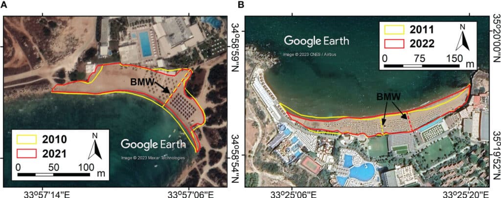 Спутниковые снимки пляжей, которые находятся на южном побережье Кипра (А) и на северном (B). На снимке возникает ощущение потери ширины пляжа, однако авторы отмечают, что на практике заметных изменений нет — визуальное сужение произошло за счет увеличения количества зелени на пляже / ©Monioudi et al, Frontiers in Marine Science (2023)