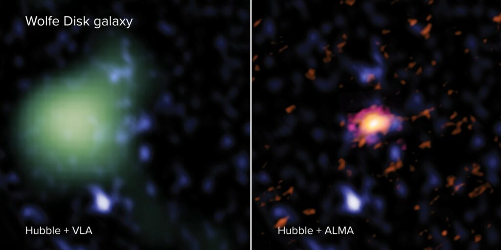 «Диск Вулфа» на новых снимках / ©ALMA, NRAO, NASA, ESA, Hubble, M. Neeleman, S. Dagnello