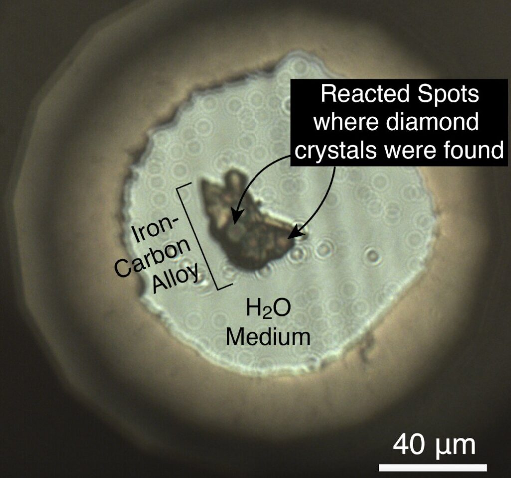 Изображение крупинки цементита в водной среде внутри ячейки с алмазными наковальнями. Стрелками указаны «проржавевшие» участки, в которых рентгеновская дифракция показала наличие микроскопических алмазов. / © Arizona State University.