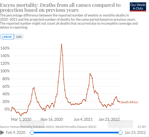 Избыточная смертность в ЮАР никуда не ушла, и пока она выше, чем, например, была в России в мае 2020 года / ©OurWorldInData