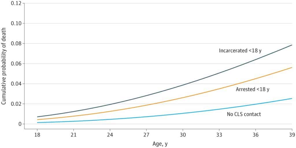 График зависимости смерти в определенном возрасте от наличия контактов с системой правосудия в юности / ©I. A. Silver et al
