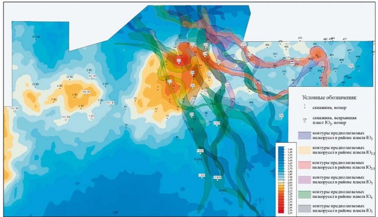 Карта прогнозного коэффициента аномальности с наложением контуров палеорусел отложений средней юры