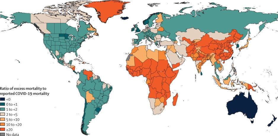 Глобальное распределение соотношения между расчетным коэффициентом избыточной смертности, связанной с пандемией Covid-19, и зарегистрированным коэффициентом смертности от COVID-19 за 2020-2021 гг. / / ©Wang H., et al., The Lancet, 2022