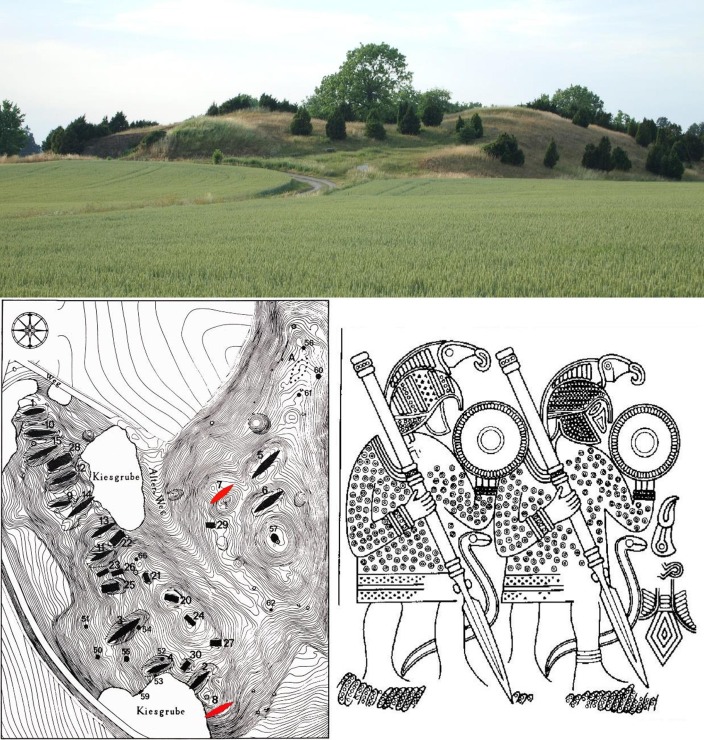 Вверху: склон холма Вальсгарде с языческим кладбищем, вид с юго-востока. Видны отверстия после раскопок лодочных захоронений. Внизу слева: карта холма Вальсгарде с пронумерованными захоронениями. Красным отмечены исследованные участки. Внизу справа: воины с хищными птицами на шлемах / ©www.sciencedirect.com