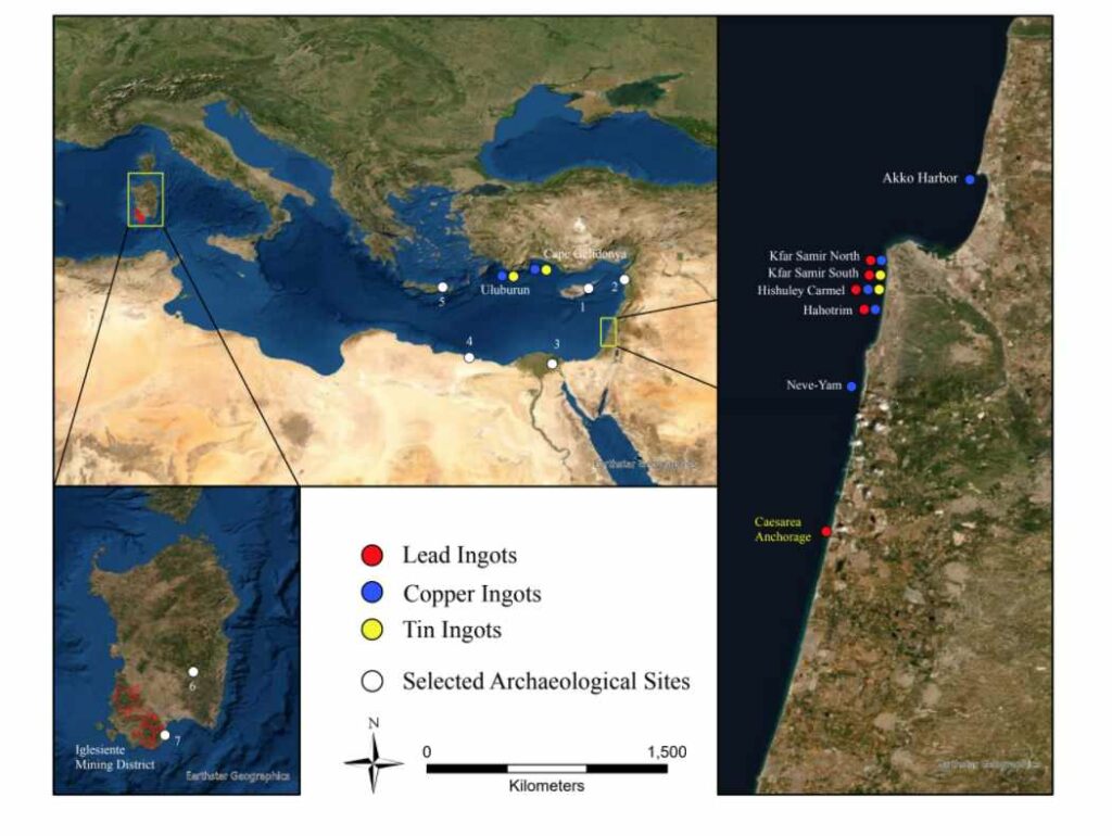 Карта Средиземноморья с указанием мест находок медных, свинцовых и оловянных слитков / ©Naama Yahalom-Mack et al.