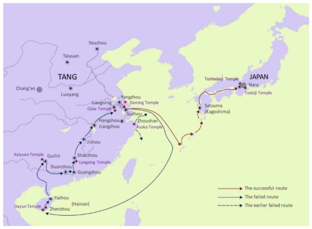 Китайских монах десять лет добирался до Японии. На карте обозначено, каким непростым путем он это делал / ©Shihui Liu et al.