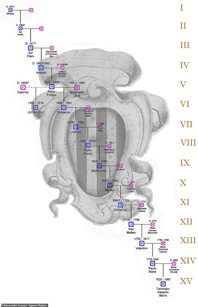 Генеалогическое древо семьи Леонардо да Винчи (показано до пятнадцатого поколения) / © Алессандро Веццози и Аньезе Сабато