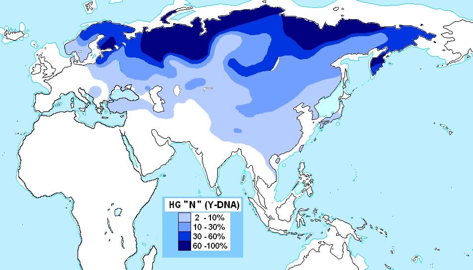 Распределение встречаемости гаплогруппы N, предковой для N1a / © Wikimedia Commons