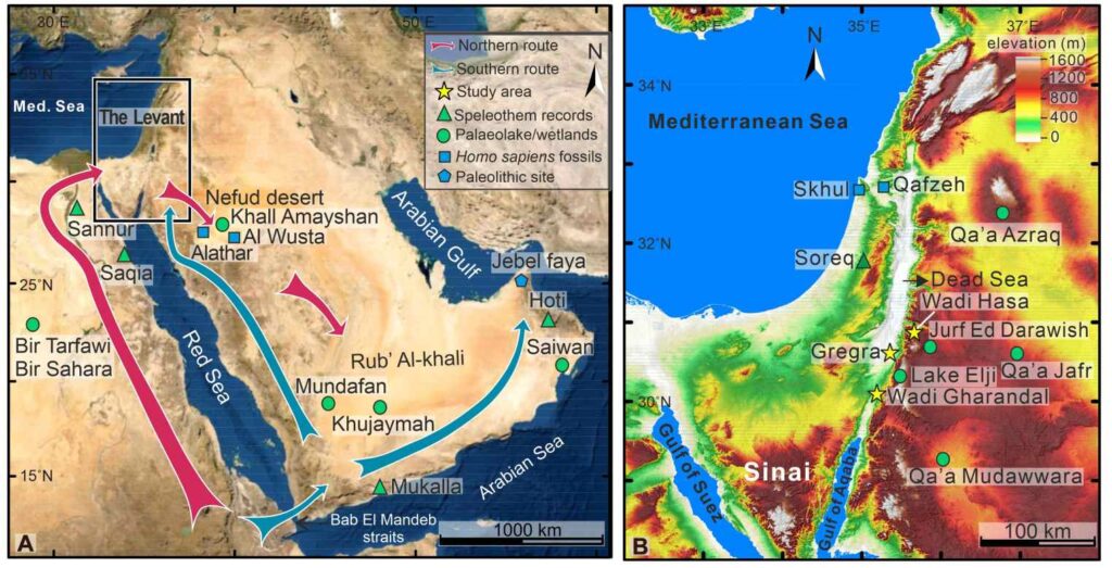 На карте показаны южный и северный маршруты миграций Homo sapiens, а также отмечены места, где ранее находили следы древних людей / © Mahmoud Abbas et al.