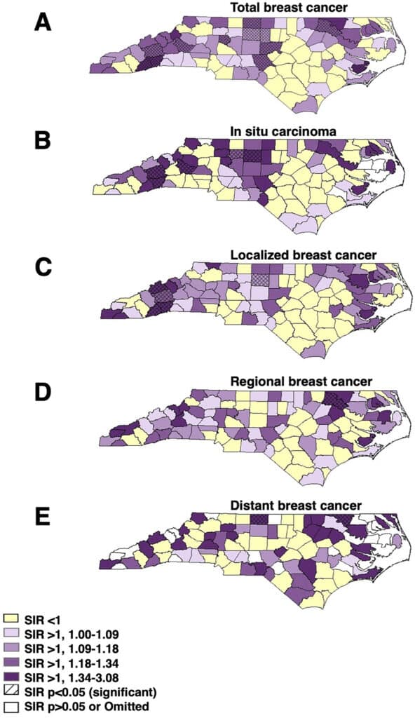 Коэффициенты заболеваемости (SIR) по сравнению с заболеваемостью в Северной Каролине для ( A ) общего, ( B ) in situ, ( C ) локализованного, ( D ) регионарного и ( E ) отдаленного рака молочной железы с 2010 по 2014 год / © Scientific Reports
