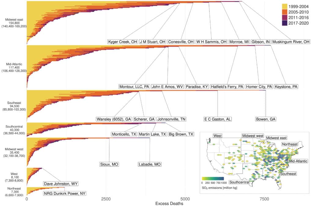 Избыточная смертность, связанная с отдельными угольными электростанциями с 1999 по 2020 год / © Science