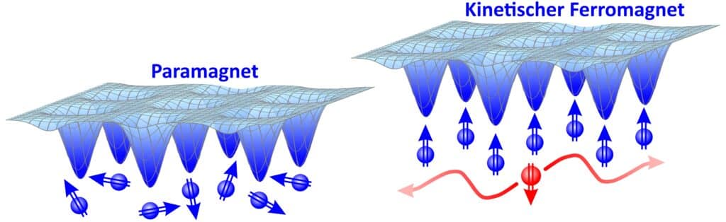 Изначально материал проявлял свойства парамагнетизма (слева), которые возникают, когда спины электронов (синие шарики на изображении) имеют случайные направления. Через некоторое время материал начал показывать свойства «кинетического ферромагнетизма» (справа), когда электроны объединяются в «дублоны» (красный шар), которые заполняют всю решетку посредством квантового туннелирования, заставляя спины «выравниваться» / © ETH Zurich
