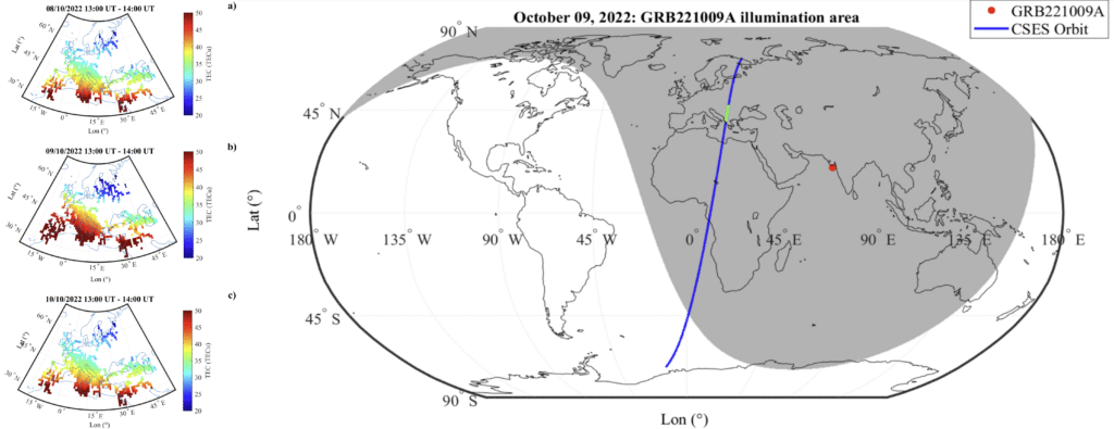 График плотности электронов над Европой во время вспышки по данным спутника CSES (слева). Траектория полета спутника (синия линия), область, где детектор среагировал на возмущение ионосферы (зеленая линия). Красной точкой обозначена точка «зенита» гамма-вспышки GRB221009A, серым — область планеты, «освещенная» той гамма-вспышкой (справа) / © Nature Communications, DOI: 10.1038/s41467-023-42551-5