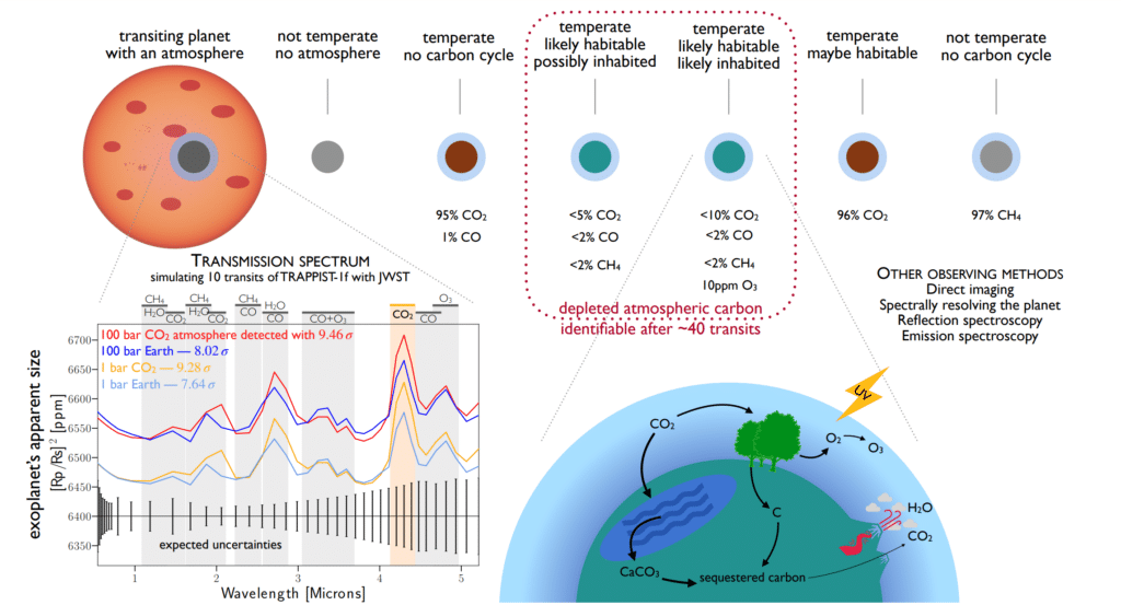Иллюстрация стратегии поиска обитаемых экзопланет по недостатку CO2 и другим параметрам атмосфер / © Triaund et al. Nature Astronomy