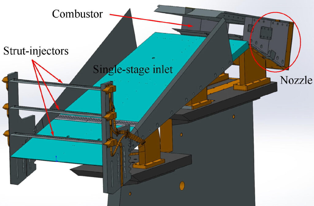 Трехмерная модель двигателя sodramjet / ©Zonglin JIANG, Zijian ZHANG, Yunfeng LIU, Chun WANG, Changtong LUO, The criteria for hypersonic airbreathing propulsion and its experimental verification, Chinese Journal of Aeronautics, 2020, ISSN 1000-9361, https://doi.org/10.1016/j.cja.2020.11.001