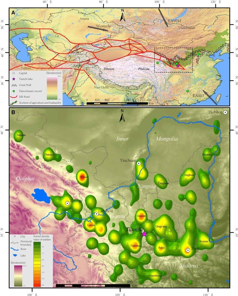 Район исследования: А) расположение озера Тяньчи, стрелками показаны основные муссоны; B) анализ донных отложений в районе восточной части Шелкового пути и его связь с военной активностью за последние 2000 лет / © Shanjia Zhang et al.