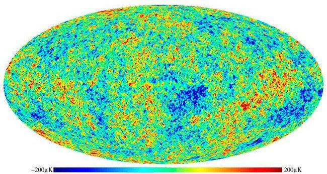 Микроволновое реликтовое излучение. Карта угловой анизотропии (неоднородности) температуры по данным спутника WMAP. Цветом показано отличие от средней температуры. Изображение: MIT Kavli Institute for Astrophysics and Space Researh