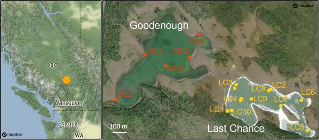 Расположение и спутниковый снимок озер Ласт Ченс и Гуденаф / © Sebastian Haas et al.