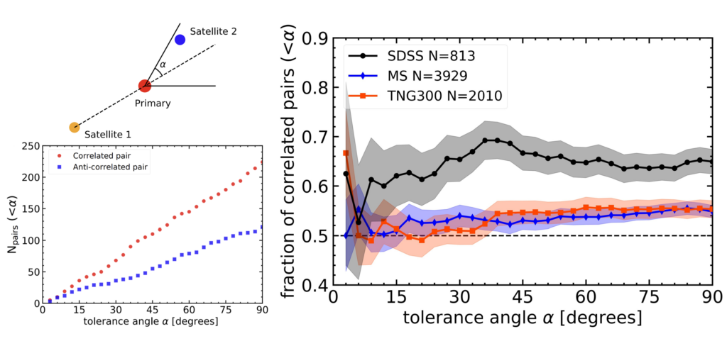 Иллюстрация метода поиска пар галактик-спутников. Красной точкой обозначена центральная галактика (слева вверху). Общее число коррелирующих и некоррелирующих пар в данных обзора. Коррелирующих значительно больше (слева внизу). Доля коррелирующих пар в обзоре (черная линия) и в моделях (красная и синяя) (справа) / © Dr. Gu Qing et al, Nature Astronomy