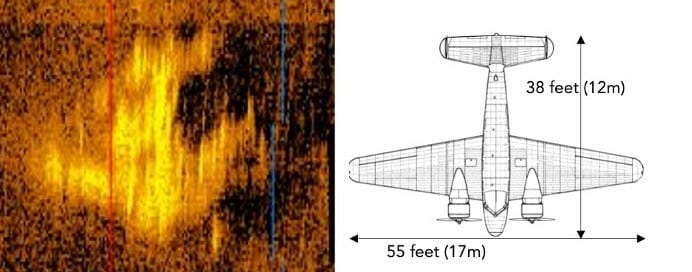 Гидролокационное изображение находки и самолет Эрхарт Lockheed Model 10 Electra с масштабированием / © PRNewsfoto / Deep Sea Vision