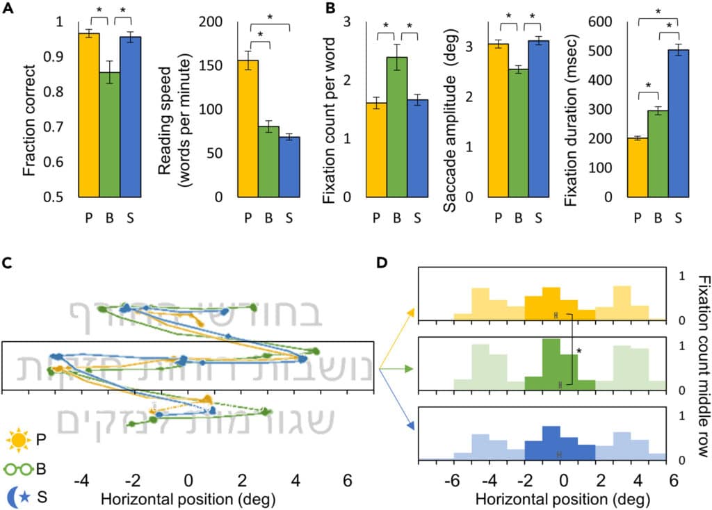 Результаты эксперимента на чтение. А) Слева — доля правильных ответов в условиях фотопического (желтый), размытого (зеленый) и скотопического (синий) зрения. Справа — скорость чтения в каждом из условий; B) Количество фиксаций на слово (слева), амплитуда саккадов (в центре) и длительность фиксации (справа) в каждом из условий; C) Три трека движения глаза в разных условиях; D) Гистограммы для разных условий, показывающие количество фиксаций. Более темным цветом обозначено местоположение среднего слова, где горизонтальные положения фиксаций были усреднены / © Ayelet McKyton et al.