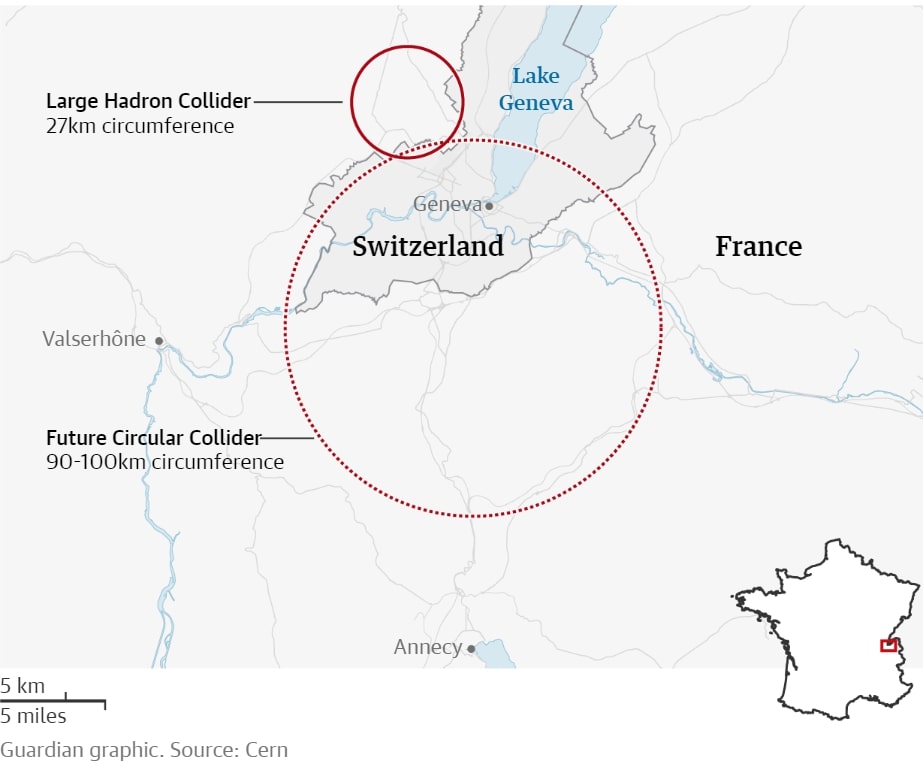На изображении показано предполагаемое место строительства Будущего кольцевого коллайдера и сравнение кольцевых туннелей новой установки и БАК / © Cern