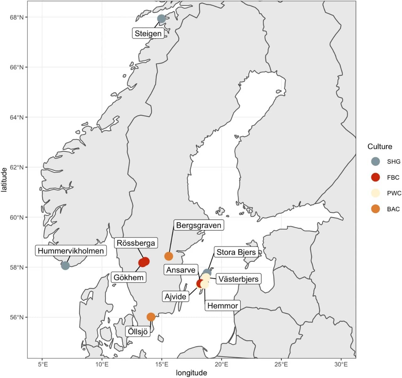 На карте отмечены места стоянок, где были найдены образцы / © Nora Bergfeldt et al.