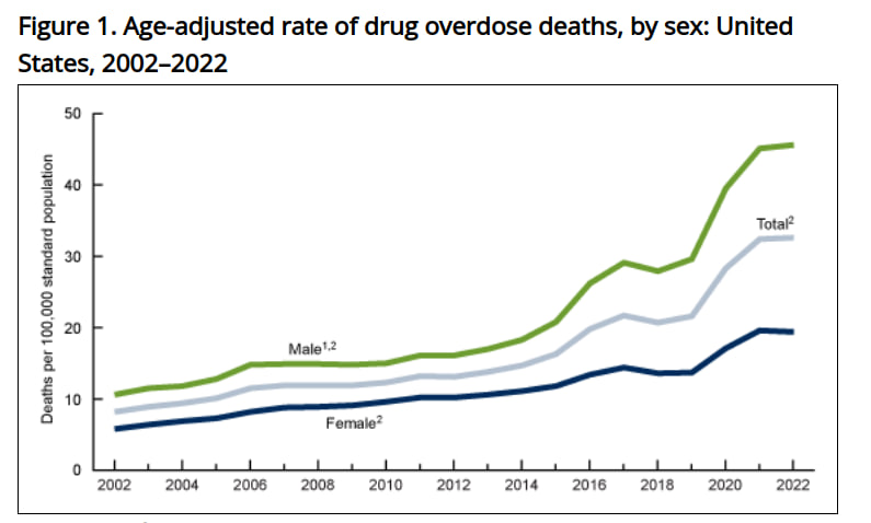 Кривая роста числа смертей от передозировок в США за 2002-2022 годы / © СDC